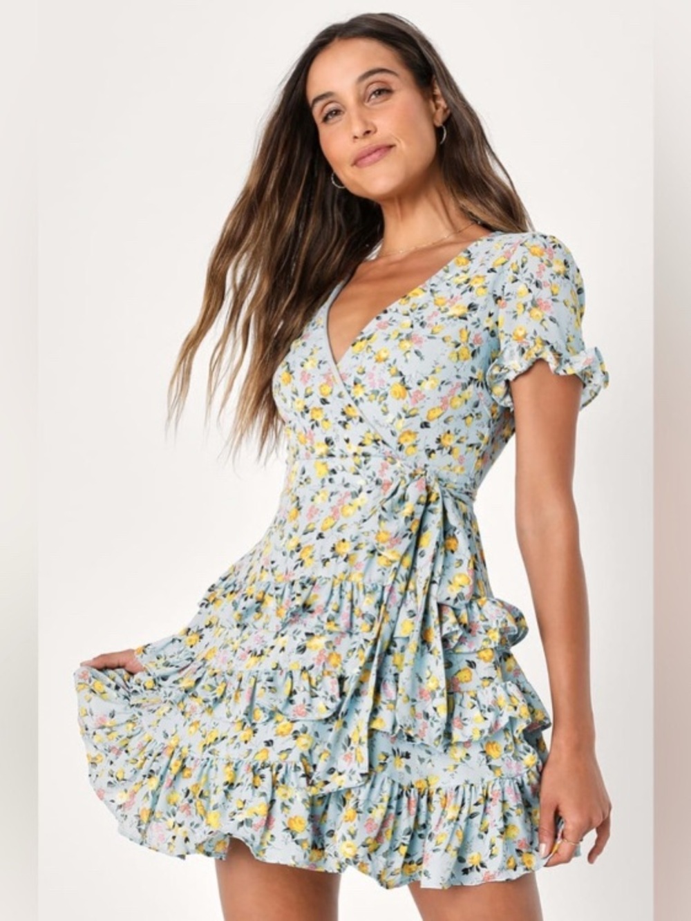 NWT Lulus Feeling Butterflies Light Blue Floral Tiered Ruffle Mini Dress Small